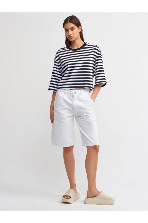 30282 Chiziqli Velosiped Yaka Crop T-shirt - Qora - 3