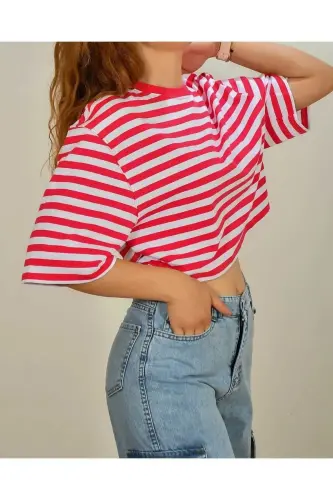 30282 Çizgili Bisiklet Yaka Crop Tshırt-fuşya - 1