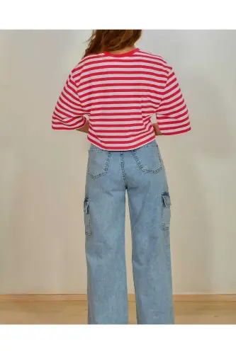 30282 Çizgili Bisiklet Yaka Crop Tshırt-fuşya - 4