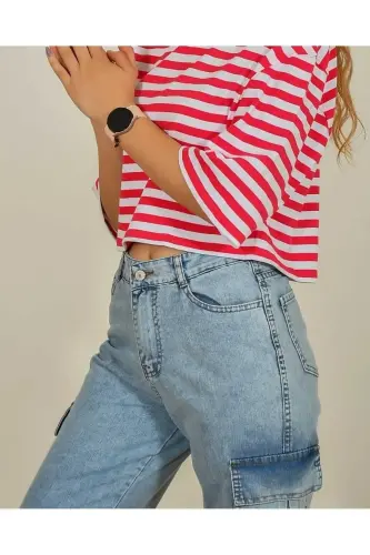 30282 Striped Crew Neck Crop T-shirt-fuchsia - 2