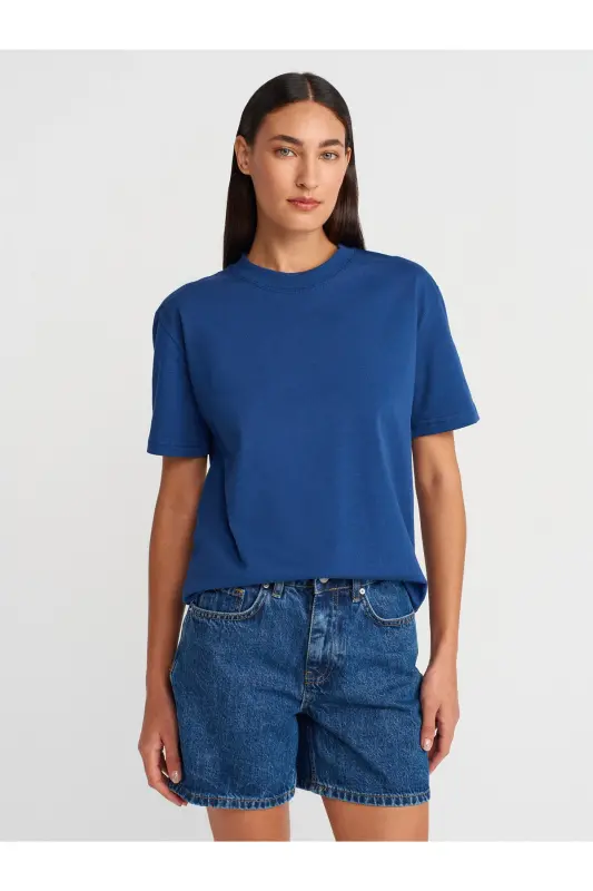 30312 %100 Pamuk Dekoratif Dikişli Bisiklet Yaka T-shirt-İndigo - İndigo - DILVIN