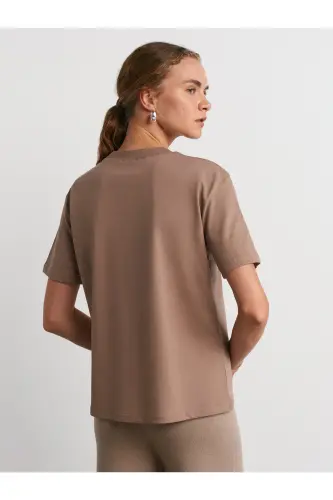 30312 %100 Pamuk Dekoratif Dikişli Bisiklet Yaka T-shirt-Vizon-Vizon - DILVIN (1)