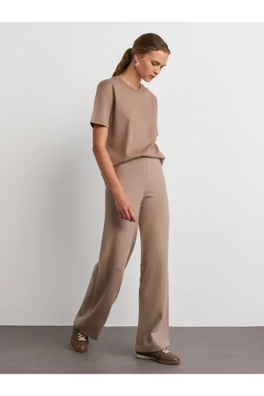 30312 %100 Pamuk Dekoratif Dikişli Bisiklet Yaka T-shirt-Vizon-Vizon - 3