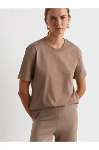 30312 %100 Pamuk Dekoratif Dikişli Bisiklet Yaka T-shirt-Vizon-Vizon - 5