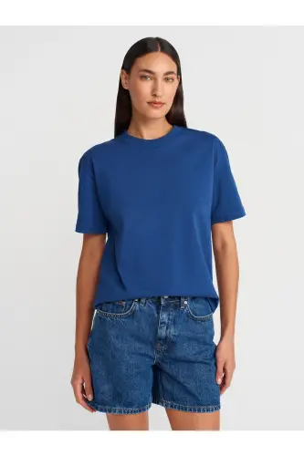 30312 %100 Paxtali Dekorativ Tikilgan Velosiped Yoqali T-shirt-Indigo - Indigo 
