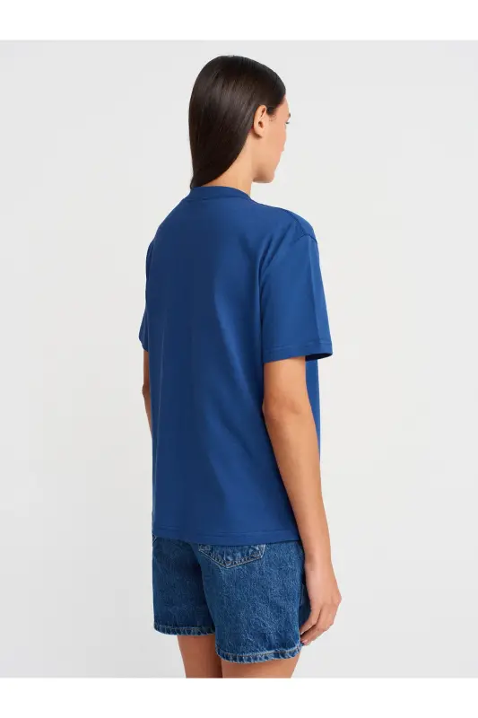 30312 %100 Paxtali Dekorativ Tikilgan Velosiped Yoqali T-shirt-Indigo - Indigo - 2
