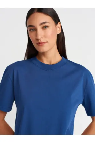 30312 %100 Paxtali Dekorativ Tikilgan Velosiped Yoqali T-shirt-Indigo - Indigo - 3