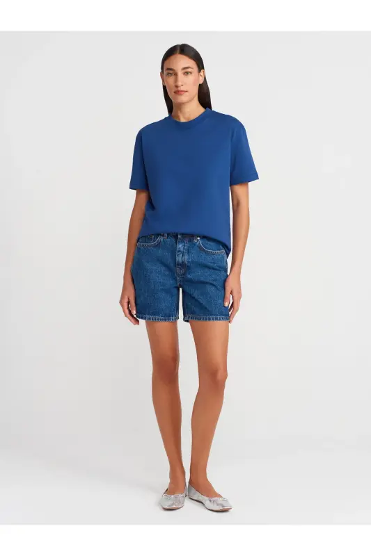 30312 %100 Paxtali Dekorativ Tikilgan Velosiped Yoqali T-shirt-Indigo - Indigo - 4