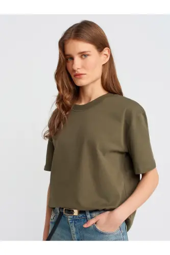 30312 %100 Paxtali Velosiped Yoqa T-Shirt-Xaki - xaki 