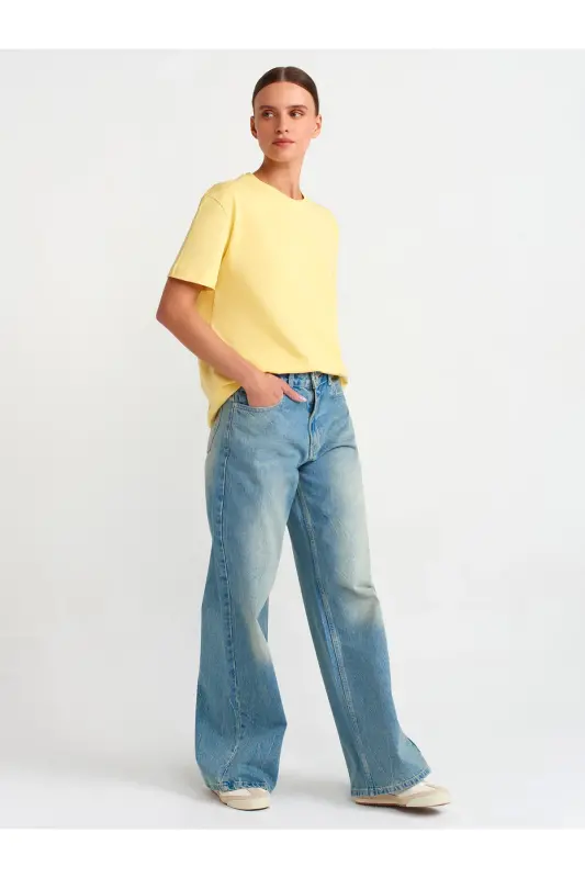 30312 Bisiklet Yaka Oversize T-shirt-sarı-Sarı - 4