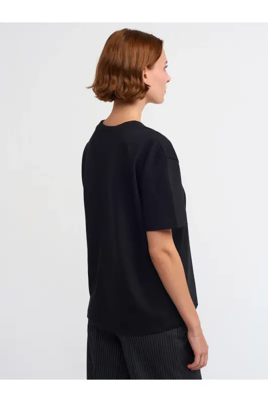 30312 Decorative Stitched Crew Neck T-Shirt - BLACK-BLACK (BLACK) - 2