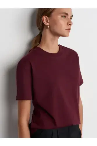 30312 Decorative Stitched Crew Neck T-Shirt- BORDEAUX-PLUM - DILVIN (1)