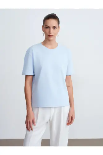 30312 Decorative Stitched Crew Neck T-Shirt-Light Blue - Light Blue - 3