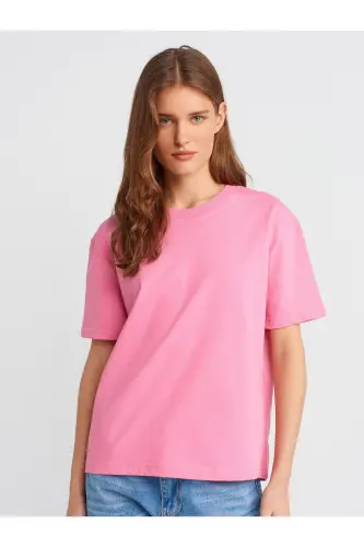 30312 Decorative Stitched Crew Neck T-shirt-Pink-Pink 