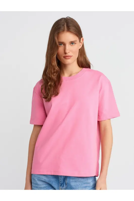 30312 Decorative Stitched Crew Neck T-shirt-Pink-Pink - 1