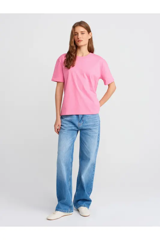 30312 Decorative Stitched Crew Neck T-shirt-Pink-Pink - 3