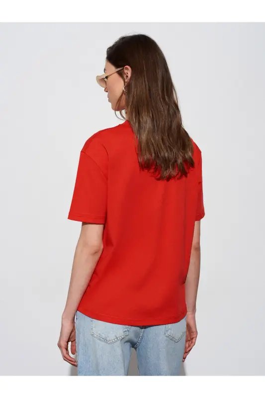 30312 Decorative Stitched Crew Neck T-shirt-Red-Red - 2
