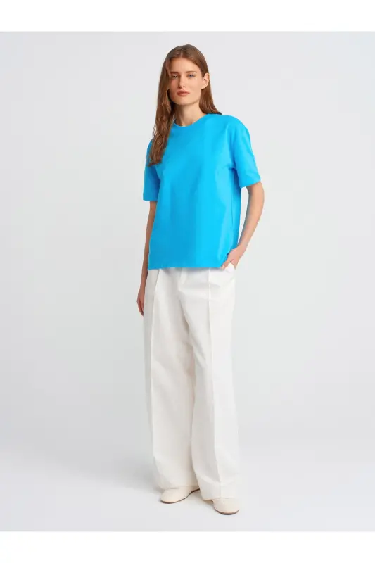 30312 Decorative Stitched Crew Neck T-Shirt-Turquoise-Turquoise - 4