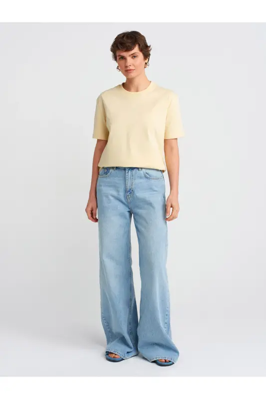 30312 Decorative Stitched Crew Neck Tshirt-Light Yellow-Light Yellow - 3