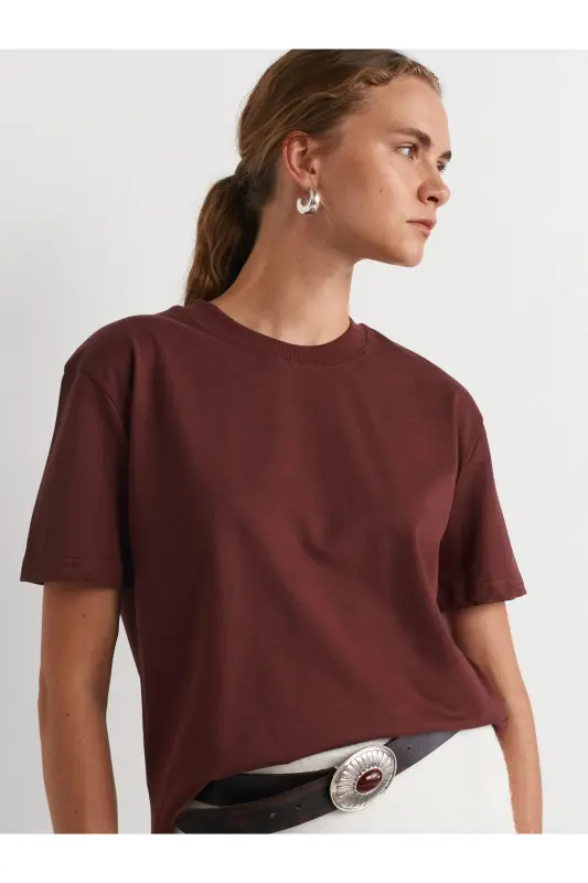 30312 Dekoratif Dikişli Bisiklet Yaka Tshirt-Koyu Bordo - Koyu Bordo - DILVIN