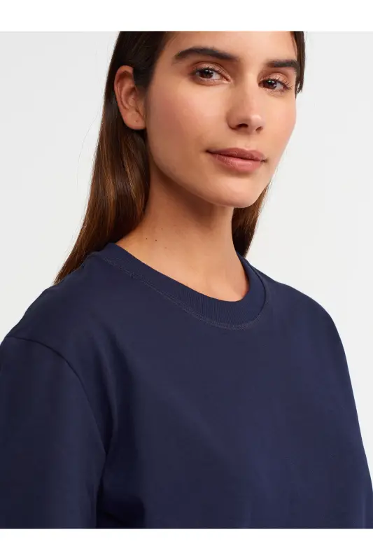 30312 Dekoratif Dikişli Bisiklet Yaka Tshirt-Lacivert-Lacivert - 2