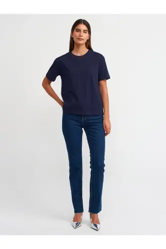 30312 Dekoratif Dikişli Bisiklet Yaka Tshirt-Lacivert-Lacivert - 3