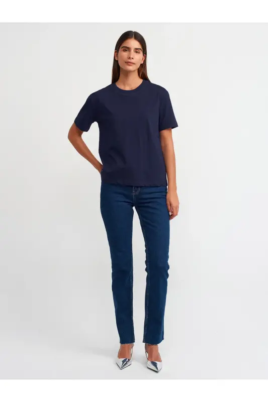 30312 Dekoratif Dikişli Bisiklet Yaka Tshirt-Lacivert-Lacivert - 3