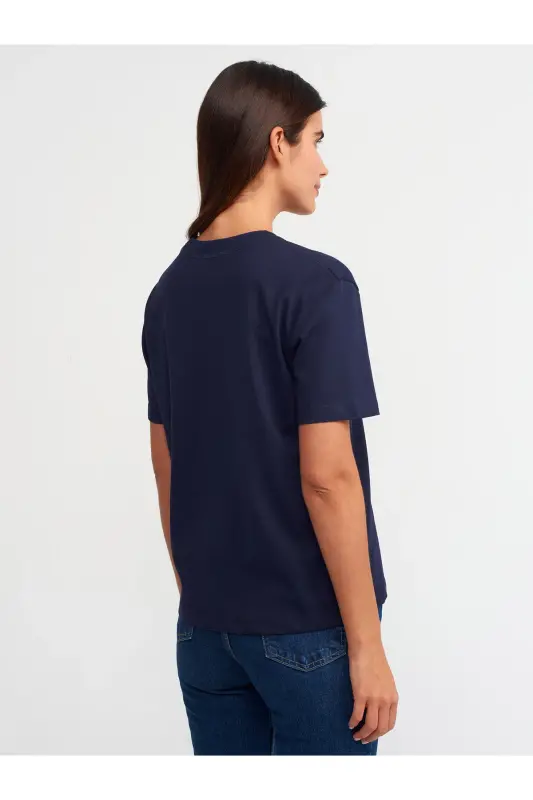 30312 Dekoratif Dikişli Bisiklet Yaka Tshirt-Lacivert-Lacivert - 4