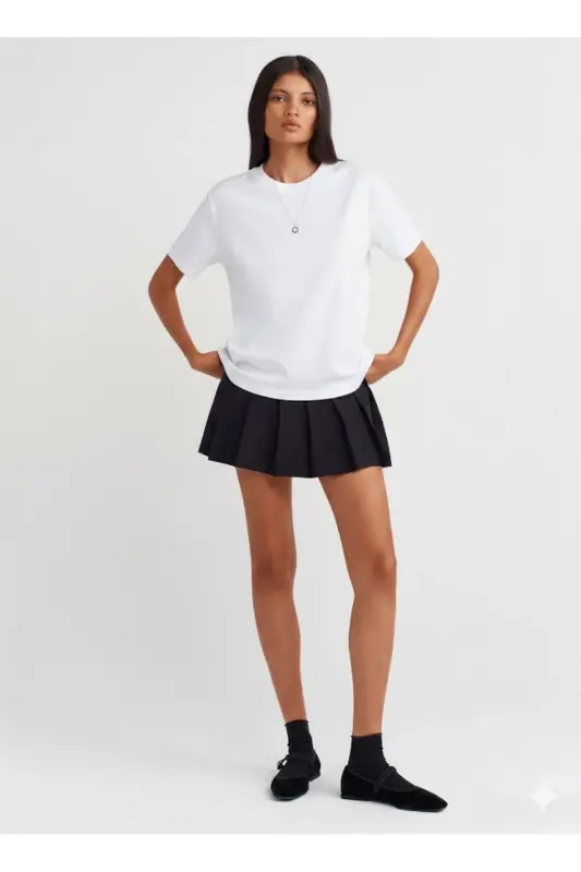 30312 Dekorativ Tikuvli Yumaloq Yoqa T-Shirt_Bianco(oq) - Bianco(oq) - 1