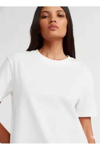 30312 Dekorativ Tikuvli Yumaloq Yoqa T-Shirt_Bianco(oq) - Bianco(oq) - 3