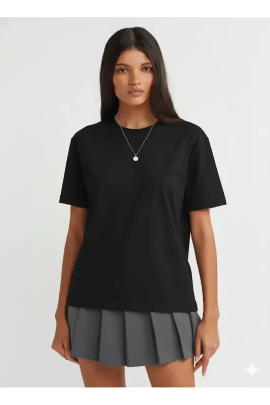 30312 Dekorativ Tikuvli Yumaloq Yoqali T-short - NERO (Black) - Nero (Black) - 1