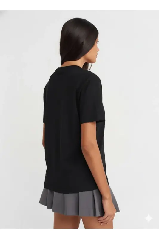 30312 Dekorativ Tikuvli Yumaloq Yoqali T-short - NERO (Black) - Nero (Black) - 2