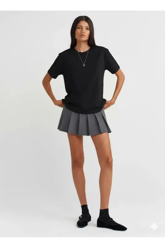 30312 Dekorativ Tikuvli Yumaloq Yoqali T-short - NERO (Black) - Nero (Black) - 3