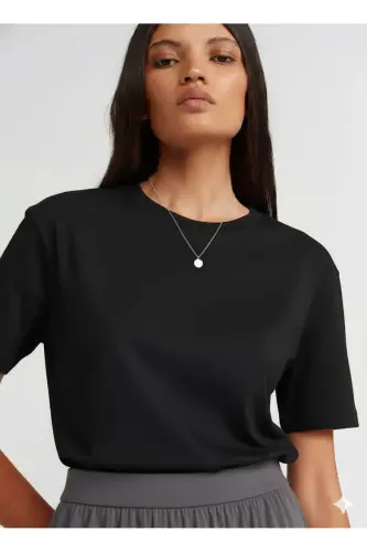30312 Dekorativ Tikuvli Yumaloq Yoqali T-short - NERO (Black) - Nero (Black) - 4
