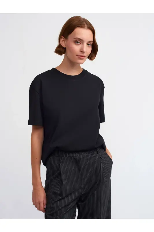 30312 Декоративная Футболка с Велосипедным Воротником и Швом - ЧЕРНЫЙ-BLACK(ЧЕРНЫЙ) - 1