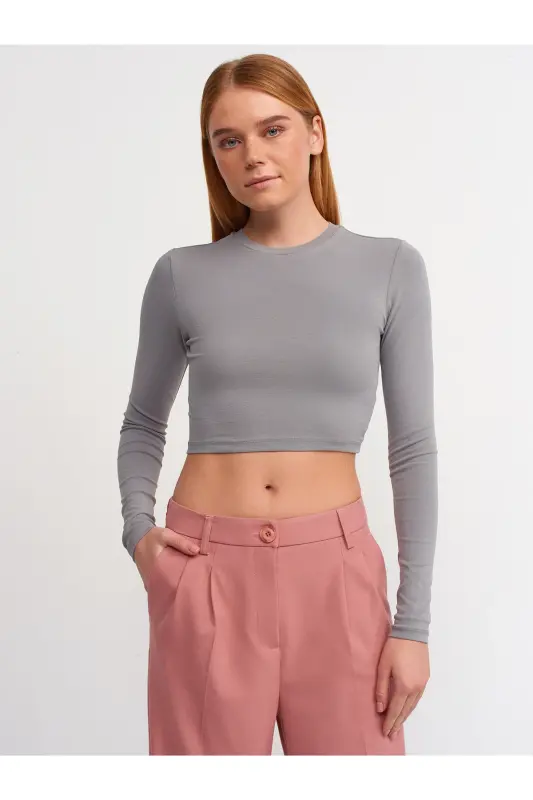 30349 Crew Neck Long Sleeve Top-Gray-Gray - DILVIN