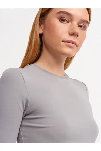 30349 Crew Neck Long Sleeve Top-Gray-Gray - 3