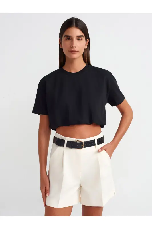 30402 Lastik Detaylı Tshirt-Siyah-siyah - DILVIN