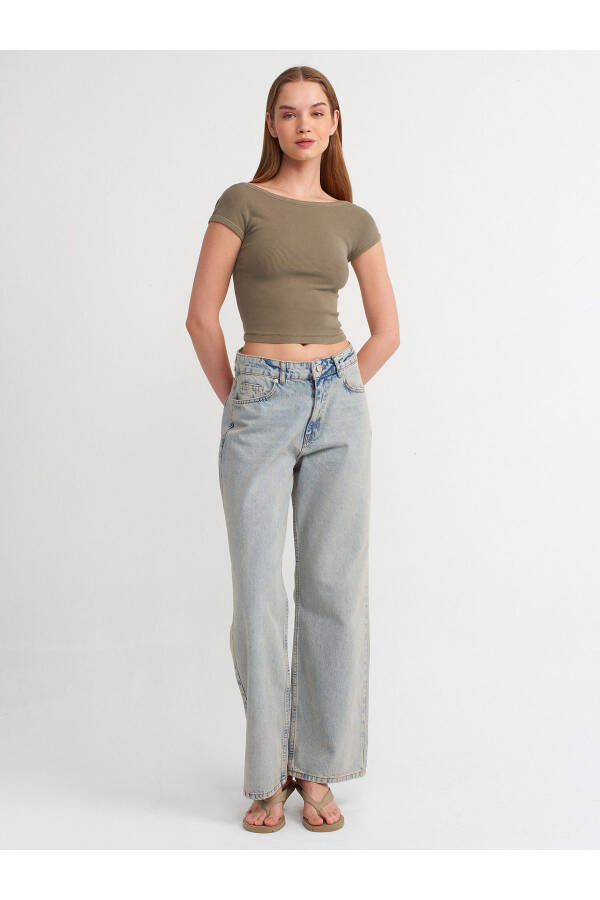 30419 Back Detailed Faded Effect T-shirt-Khaki - 7