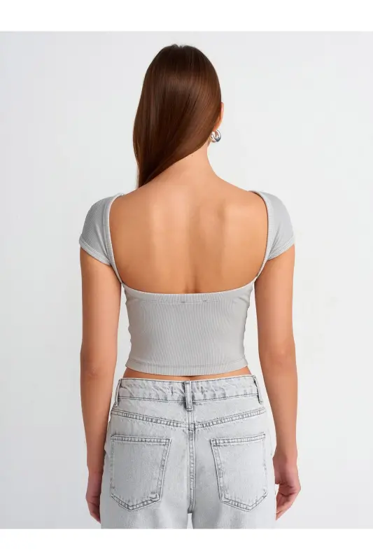 30419 Back Detailed Faded Effect T-shirt-Light Gray-Light Gray - 2