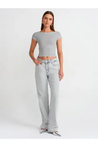 30419 Back Detailed Faded Effect T-shirt-Light Gray-Light Gray - 3