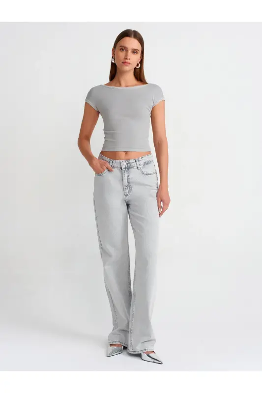 30419 Back Detailed Faded Effect T-shirt-Light Gray-Light Gray - 3