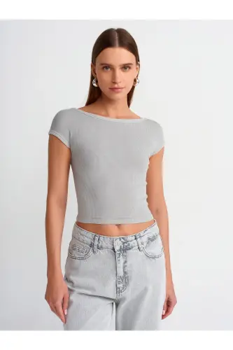 30419 Back Detailed Faded Effect T-shirt-Light Gray-Light Gray - 4