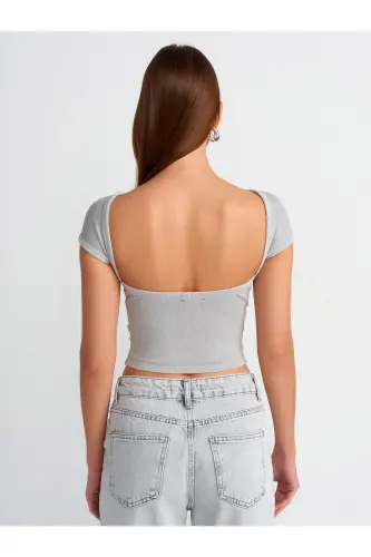 30419 Sırt Detaylı Soluk Efektli T-shirt-Açık Gri-Açık Gri - 2