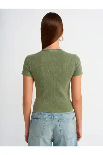 30457 Yıkama Efektli T-shirt-Yeşil-Yeşil - 2