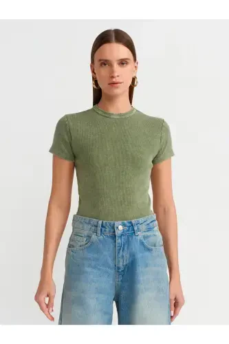 30457 Yıkama Efektli T-shirt-Yeşil-Yeşil - 3