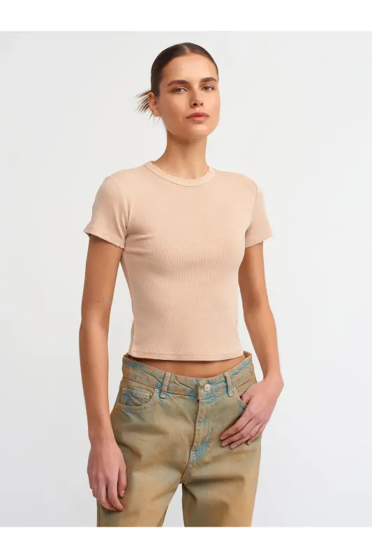 30457 Yuvish effektli T-shirt-Bej-Bej - 2