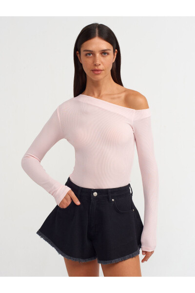 30475 Asymmetric Collar Long Sleeve Top - Light Pink - DILVIN
