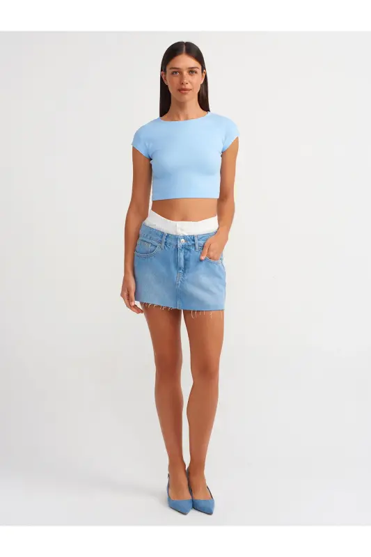 30528 Cotton and Modal Blend Crop Top - Light Blue - 4