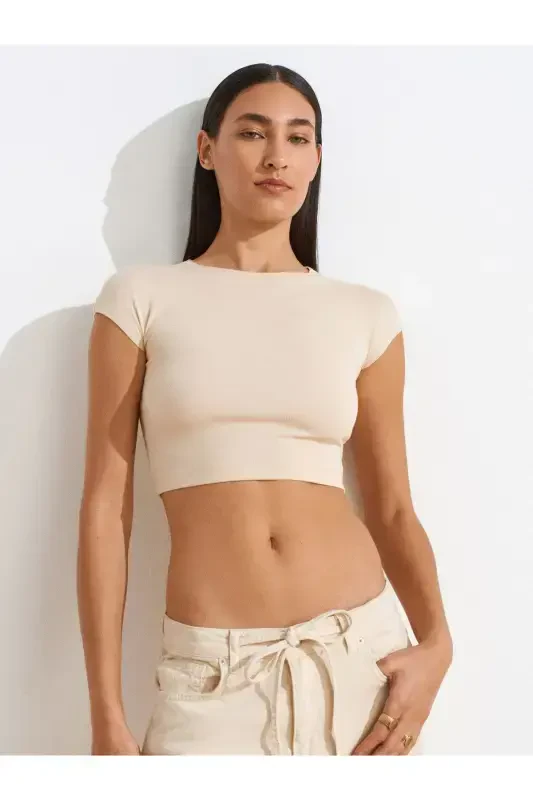 30528 Cotton and Modal Blend Crop Top-Stone-Stone - 1